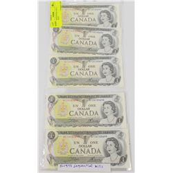 LOT OF 5 SEQUENTIAL 1973 1 DOLLAR BILLS