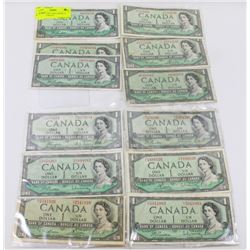 LOT OF 12-1954 1 DOLLAR BILLS, INCLUDING DEVILS