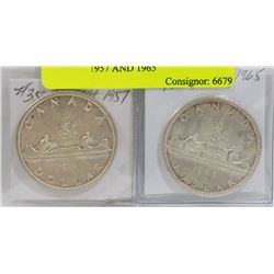 LOT OF 2 CANADIAN 1 DOLLAR COINS, 1957 AND 1965