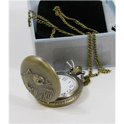 NEW BRONZE POCKET WATCH WITH CHAIN FISH FACE.