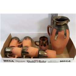MEXICAN TERRA COTTA WATER JUG AND 6 MUGS