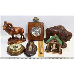 FLAT OF VINTAGE WEATHER THERMOMETER,  BAROMETER