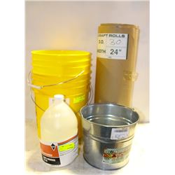 LOT OF ASSORTED PAILS, PAPER ROLL D50 DEFOAMER