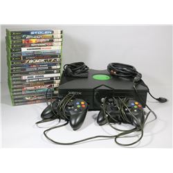 X BOX COMPLETE WITH CONTROLLERS AND PLUGS