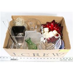 ESTATE BOX OF HOME ITEMS, NAPKIN RINGS, GLASS
