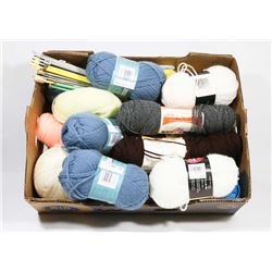 BOX OF YARN WITH KNITTING STICKS ON CHOICE