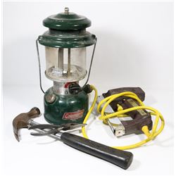 COLEMAN KEROSENE LAMP, ELECTRIC STAPLER, HAMMER,