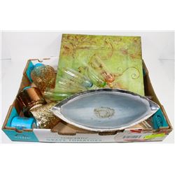 LARGE GLASS TRAY, 6 CHAMPAGNE FLUTES, DÉCOR ITEMS