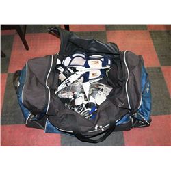 BAG OF HOCKEY EQUPMENT INCLUDING HELMET, GLOVES
