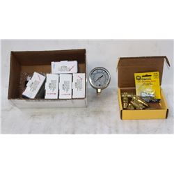 6 LIQUID FILLED GAUGES & BOX OF QUICK COUPLERS