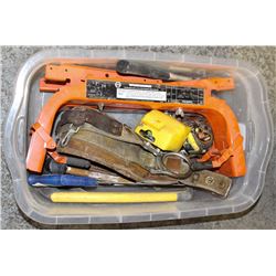 HANDYMAN TOTE WITH HAMMERS, SAWS, AND MORE.