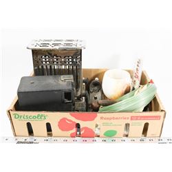 FLAT OF COLLECTIBLES, CAMERA, TOASTER, WOOD PLANE