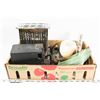 Image 1 : FLAT OF COLLECTIBLES, CAMERA, TOASTER, WOOD PLANE