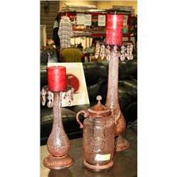 ESTATE 3PC VINTAGE PINK GLASS CANISTER WITH 2