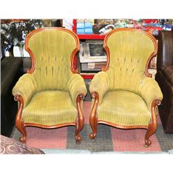 PAIR OF VINTAGE WOOD CARVED GREEN UPHOLSTERED