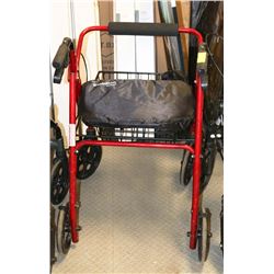 RED EVOLUTION WALKER WITH CUSHION AND BASKET.
