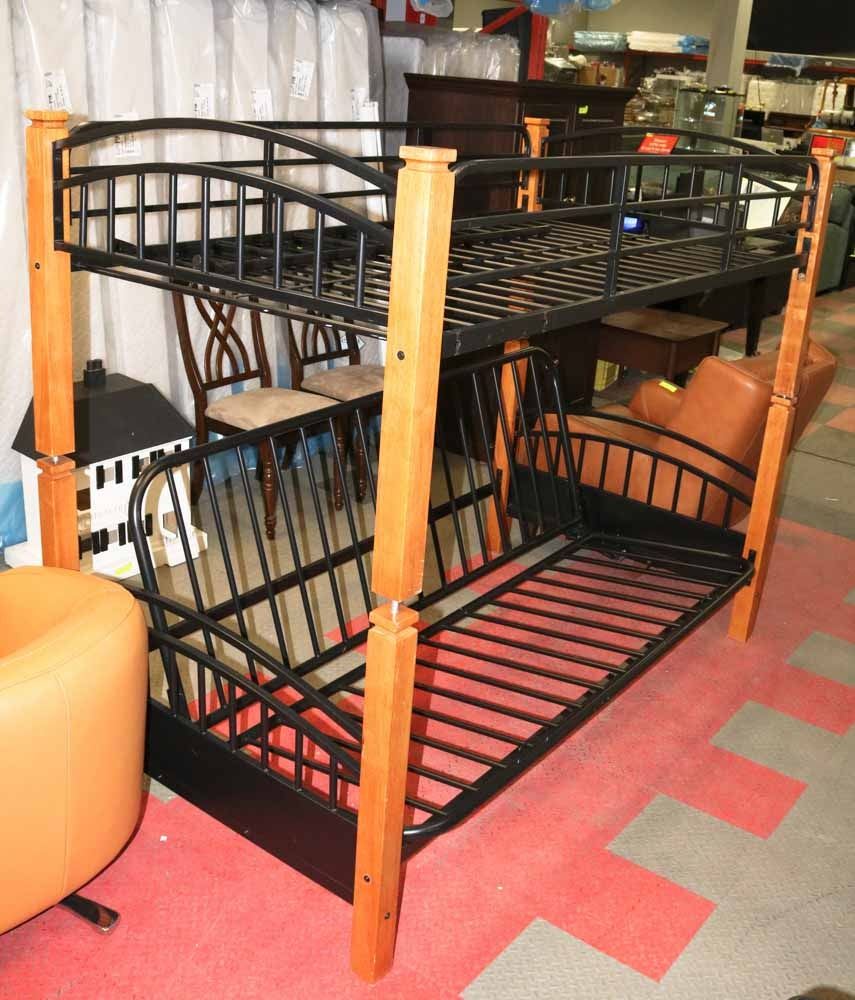 WOOD & BLACK WROUGHT IRON BUNK BED LOWER BED