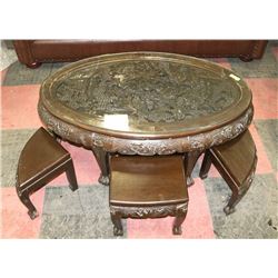 WOOD CARVED COFFEE TABLE WITH 6 STOW AWAY