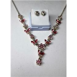 28)  SILVER TONE & PINK CRYSTAL Y NECKLACE