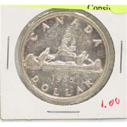 1955 CANADIAN SILVER DOLLAR COIN.