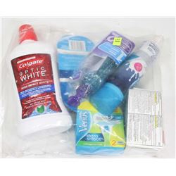 BAG WITH ASSORTED SHAVING SUPPLIES, MOUTHWASH