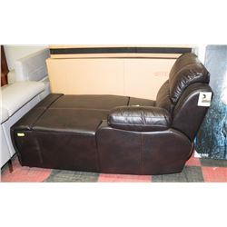 BROWN LEATHERETTE CHAISE LOUNGE CHAIR.