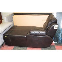 BROWN LEATHERETTE CHAISE LOUNGE CHAIR.