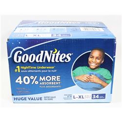 CASE OF 34 L/XL GOODNITES NIGHTIME UNDERWEAR FOR