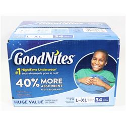 CASE OF 34 L/XL GOODNITES NIGHTIME UNDERWEAR FOR