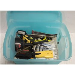 TOTE WITH MANY ASSORTED HAND TOOLS.