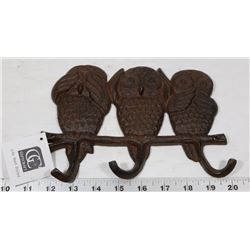 CAST IRON OWL HANGER, "HEAR NO EVIL, SEE NO EVIL,