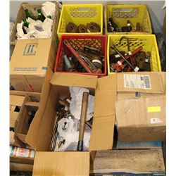 ESTATE PALLET OF ANTIQUE TOOLS AND SAD IRONS ETC.