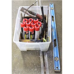 BIN OF ASSORTED TOOLS /10 CANS OF MARKING PAINT