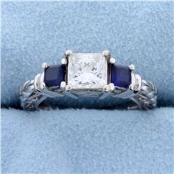 1 carat Princess cut "Leo" Diamond Engagement Ring with Sapphires in 14k White Gold