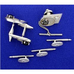 Diamond and Black Sapphire Cufflinks, Tie Tack, and Tuxedo Stud Set in 14k White Gold