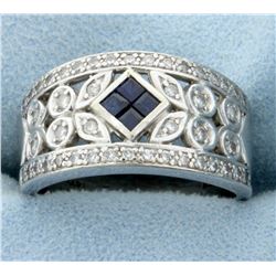 Diamond and Sapphire Art Deco Band Ring in 14k White Gold
