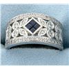 Image 1 : Diamond and Sapphire Art Deco Band Ring in 14k White Gold