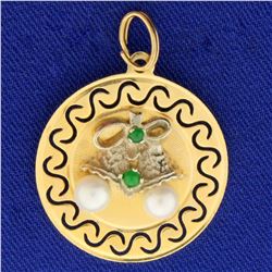Emerald & Pearl Christmas Bells Holiday Pendant in 14k Yellow Gold