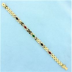 Natural Ruby, Sapphire, Emerald, and Diamond Cabochon Bracelet in 14k Yellow Gold