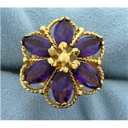 Large Flower Design Amethyst Statement Ring in 14k Yellow Gold