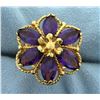 Image 1 : Large Flower Design Amethyst Statement Ring in 14k Yellow Gold
