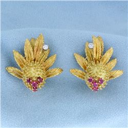 Antique Clip-On Diamond and Ruby Lychee or Dragon Fruit Design Earrings in 18k Yellow Gold