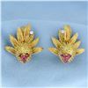 Image 1 : Antique Clip-On Diamond and Ruby Lychee or Dragon Fruit Design Earrings in 18k Yellow Gold