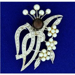 Vintage Tahitian and Akoya Pearl and Diamond Pin or Brooch in 14k White Gold