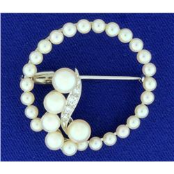 Vintage Cultured Akoya Pearl and Diamond Circle Pin in 14k White Gold