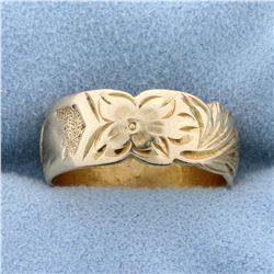 Antique Hand Crafted Flower and Heart Band Ring in 14k Yellow Gold