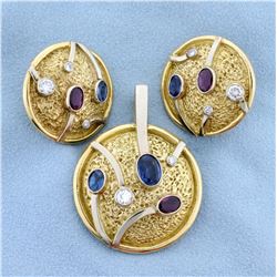 Vintage Diamond, Sapphire, and Ruby Pendant and Earring Set in 14k Yellow And White Gold