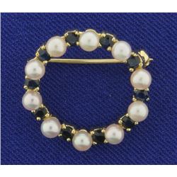 Vintage Pearl and Sapphire Circle Pin in 14K Yellow Gold
