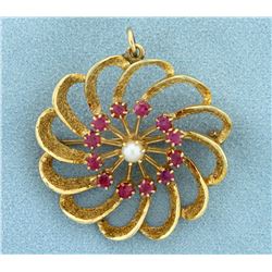 Vintage Ruby and Pearl Pinwheel Pin/Pendant in 14K Yellow Gold