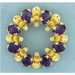 Designer Circle Amethyst and Diamond Pin or Pendant in 18K Yellow Gold